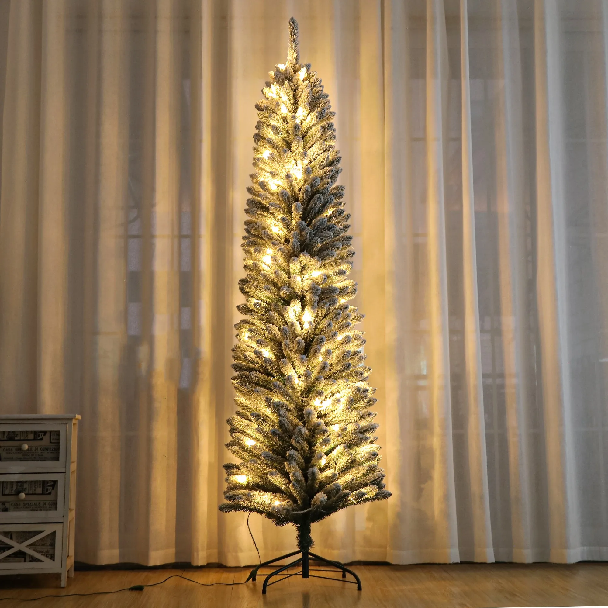 7 Feet Prelit Snow Flocked Pencil Christmas Tree Decoration 150 LED UL Plug Warm Lights 570 Branch  Artificial Slim Xmas Tree Indoor Outdoor Home Decor Holiday