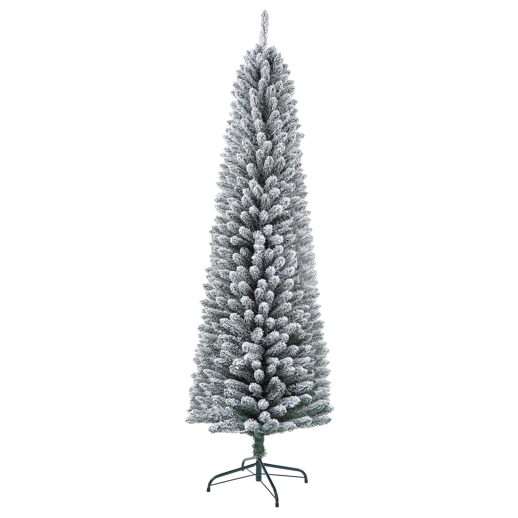 7 Feet Prelit Snow Flocked Pencil Christmas Tree Decoration 150 LED UL Plug Warm Lights 570 Branch  Artificial Slim Xmas Tree Indoor Outdoor Home Decor Holiday