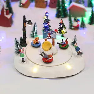 Animated Christmas Village Snow Tubing Hill Rotating with Lights Music