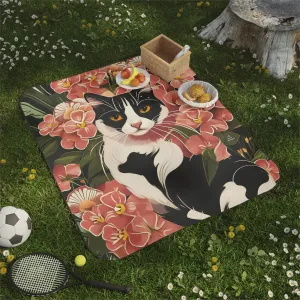 Black & White Cat in Flowers, Cozy Outdoor Picnic Blanket, Water-Resistant Bottom, 51" × 61"