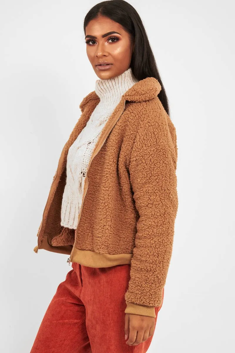 Camel Borg Zip Front Jacket - Danyelle