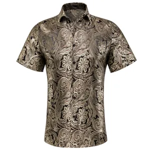 Champagne Black Paisley Silk Men's Short Sleeve Shirt