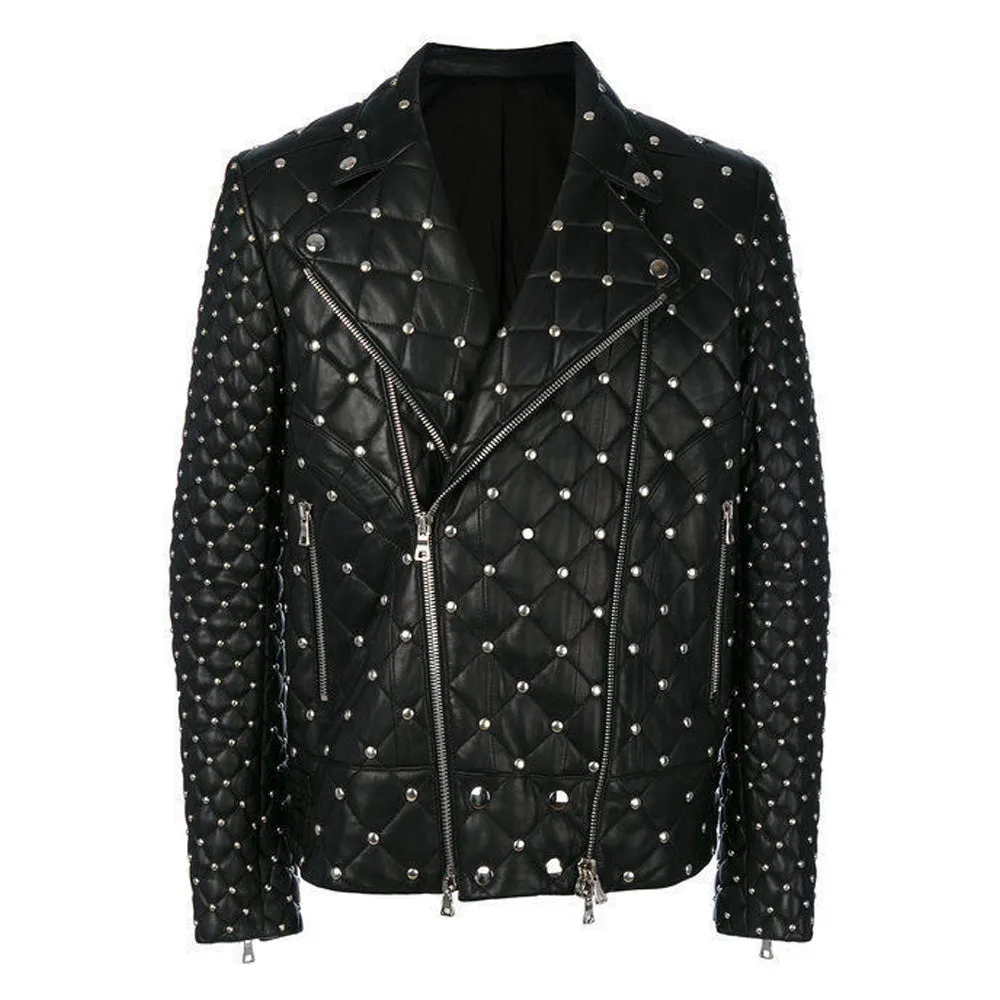 Customized Silver Studded Fashion Leather Jacket Men