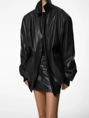 WASHED VEGAN LEATHER PADDED SHOULDER BOMBER JACKET